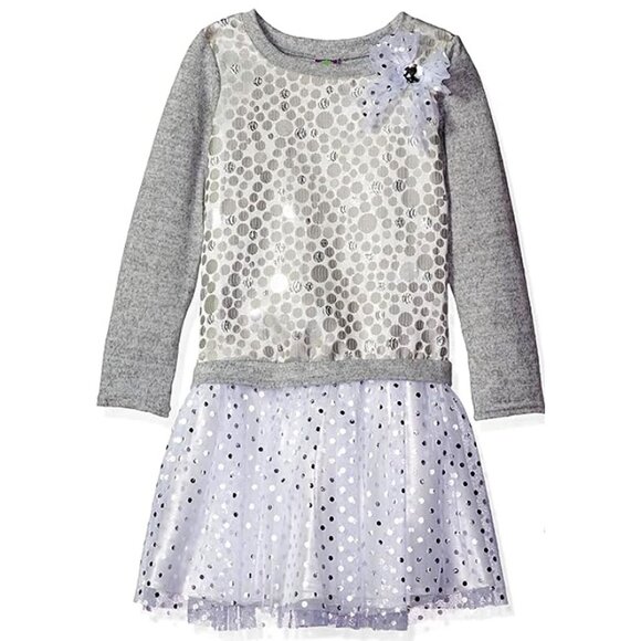 Dollie And Me Girls Gray White Metallic Polka Dot Long Sleeve Knit Dress Size 5 - Picture 2 of 16
